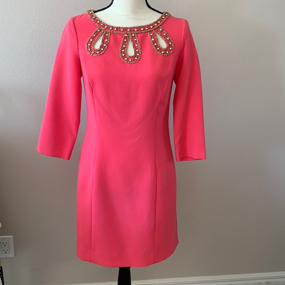 LILLY PULITZER CORAL DRESS WITH EMBELLISHED NECKLINE GOLD & SILVER BEADI…